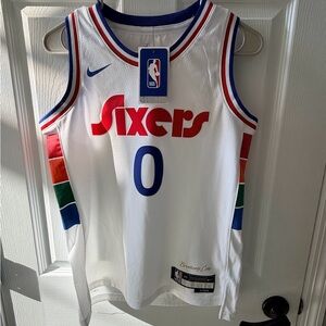 Nike White Sixers Jersey (MAXEY) with Red and Blue Accents